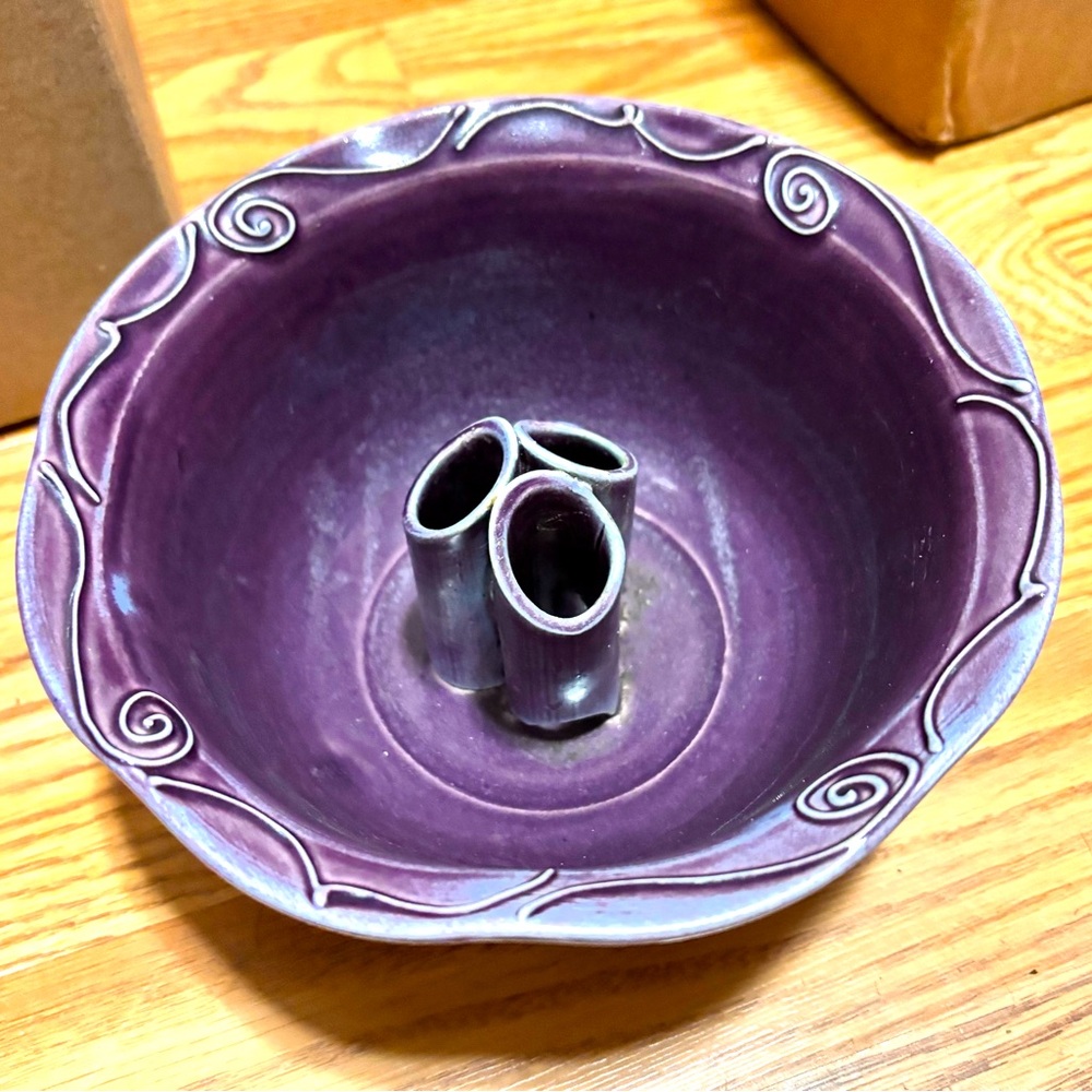 Beautiful RARE Purple Pottery Flower Frog Vase Handmade Ikebana,Signed